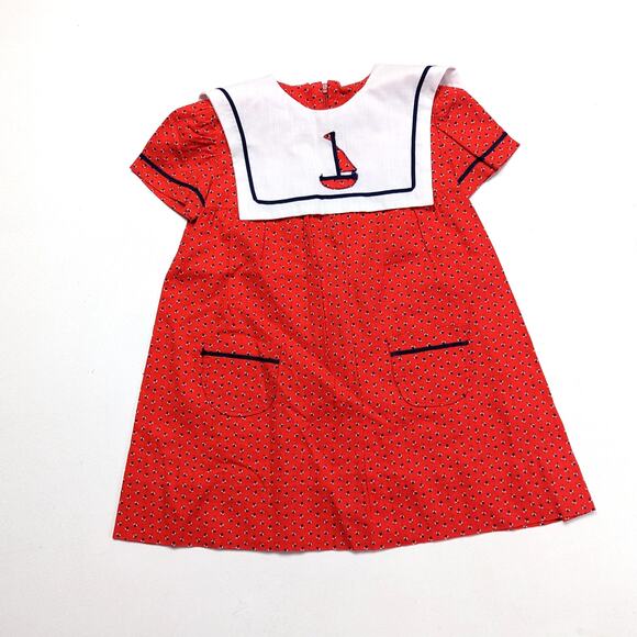 Vintage Handmade Dress Girls Size 2T Sailor Ladybug Bib Collar - Picture 1 of 4